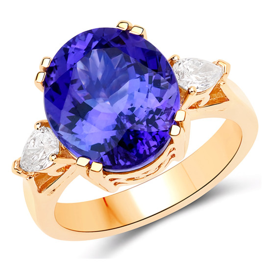 tanzanite and white diamond trilogy ring in solid 18k yellow gold