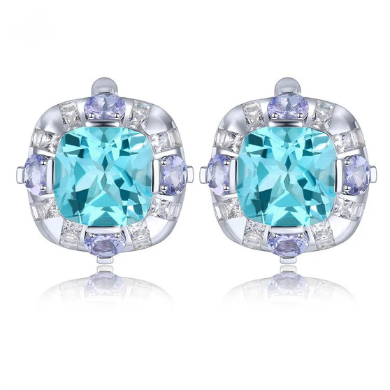 sky blue topaz tanzanite and white zircon halo earrings in rhodium over sterling silver