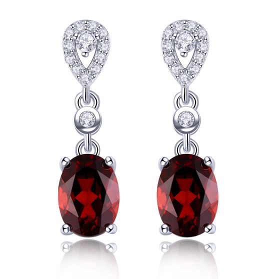garnet and white zircon dangle earrings in rhodium over sterling silver