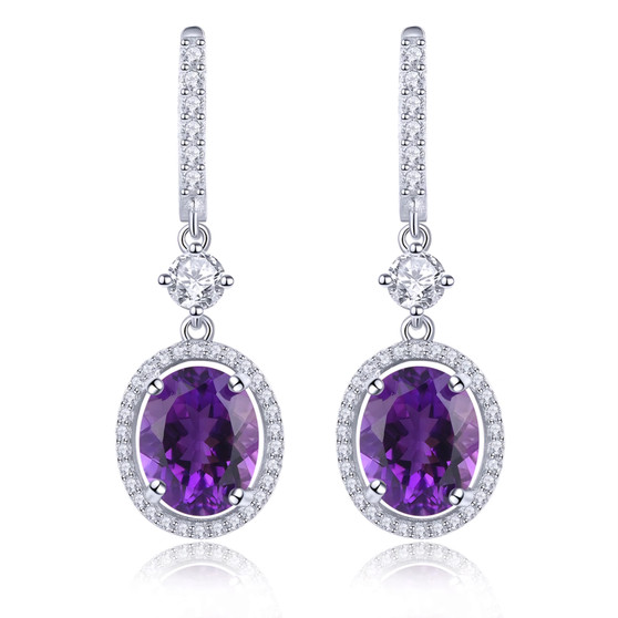 amethyst and white zircon dangle earrings in rhodium over sterling silver
