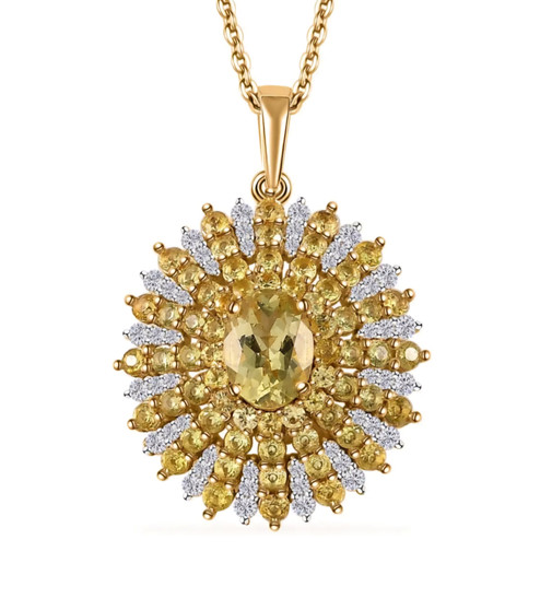 heliodor yellow sapphire and moissanite sunburst cluster pendant necklace in 18k yellow gold over sterling silver