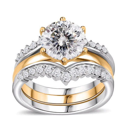 moissanite stackable three ring wedding set in 18k yellow gold and rhodium over sterling silver