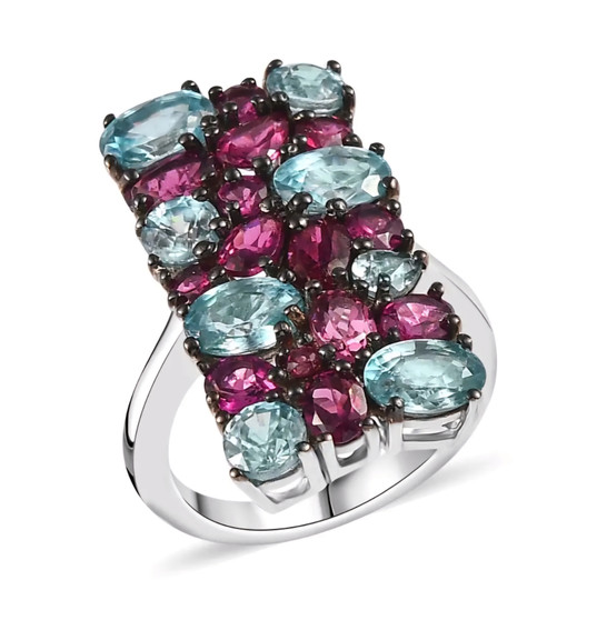 rhodolite garnet and blue zircon cluster ring in rhodium over sterling silver