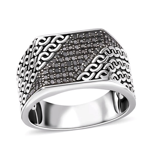 front view of black diamond chain link gents ring in black and white rhodium over sterling silver