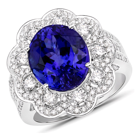 tanzanite and white diamond flower halo ring in 18k white gold