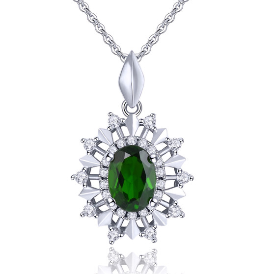 chrome diopside and white zircon halo pendant necklace in rhodium over sterling silver