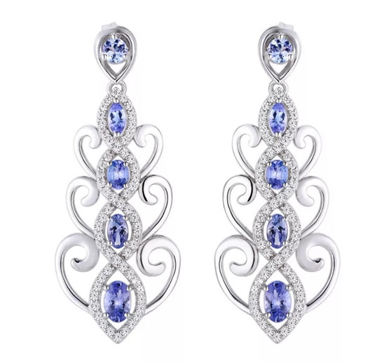 tanzanite and white zircon earrings in rhodium over sterling silver