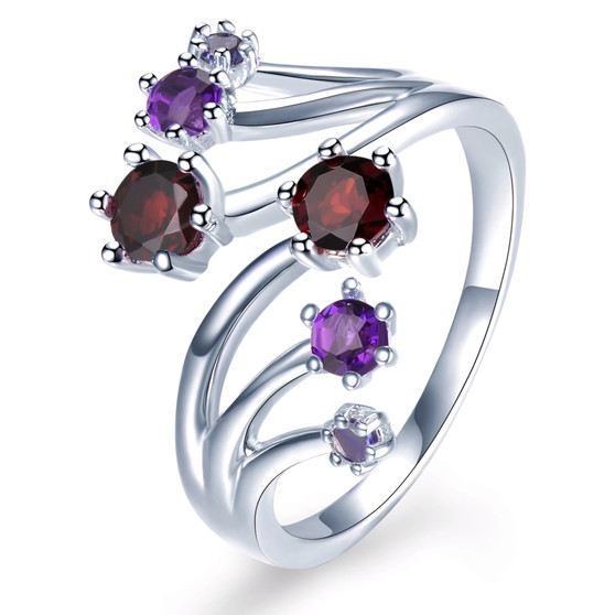 garnet and amethyst iolite bypass ring in rhodium over sterling silver