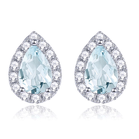 aquamarine and white zircon pear halo earrings in rhodium over sterling silver