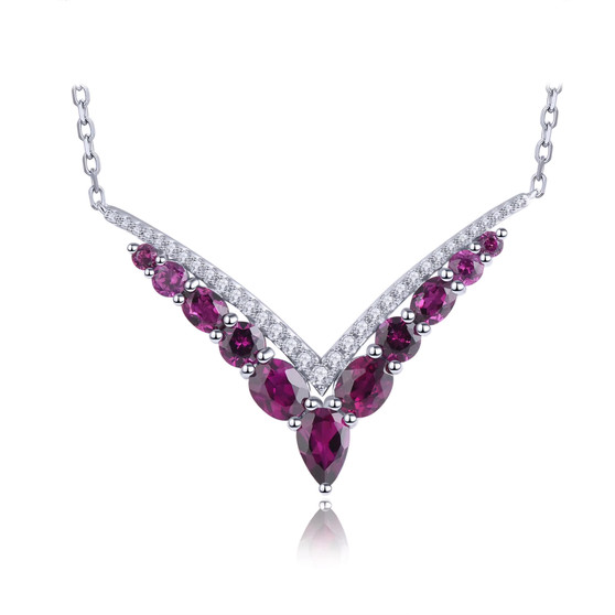 rhodolite garnet and white zircon chevron necklace in rhodium over sterling silver