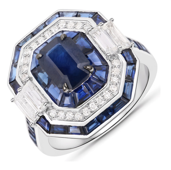 sapphire and white diamond 14k white gold vintage inspired halo ring