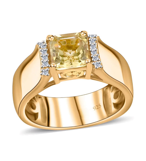 asscher cut heliodor and moissanite ring in 18k yellow gold over sterling silver