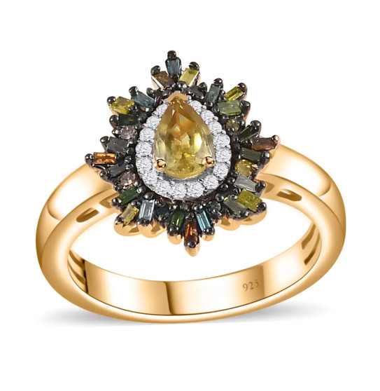sphene and multi color diamond halo ring in 18k yellow gold and black and white rhodium over sterling silver