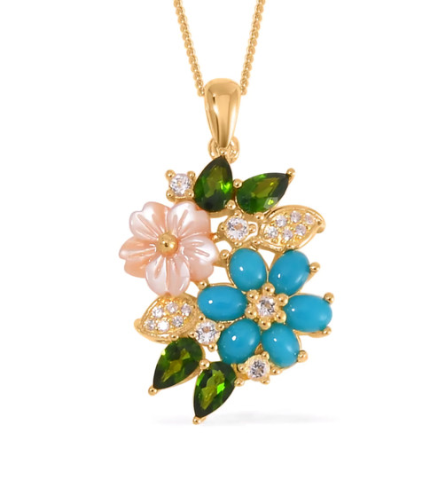 chrome diopside and turquoise multi gemstone pendant necklace in 18k yellow gold over sterling silver