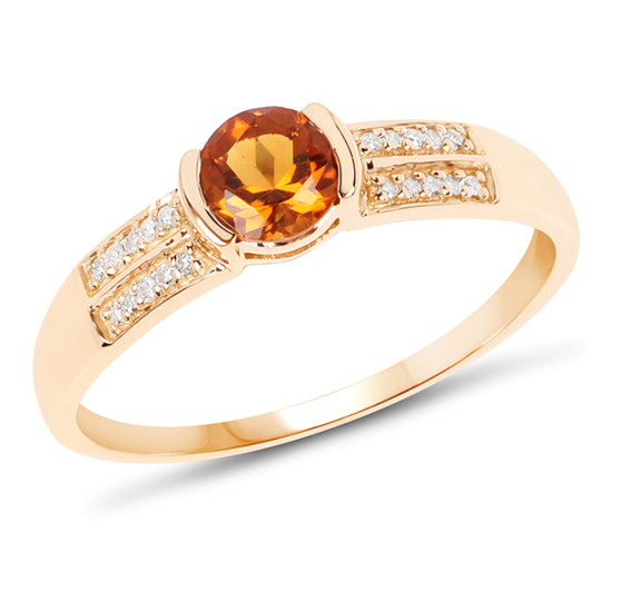 front view of half bezel citrine and white diamond band ring in solid 14k yellow gold