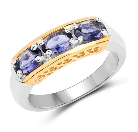 iolite two-tone band ring in 14k yellow gold and rhodium over sterling silver