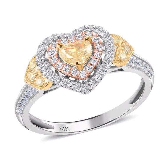 yellow pink and white diamond heart ring in 14k white yellow and rose gold