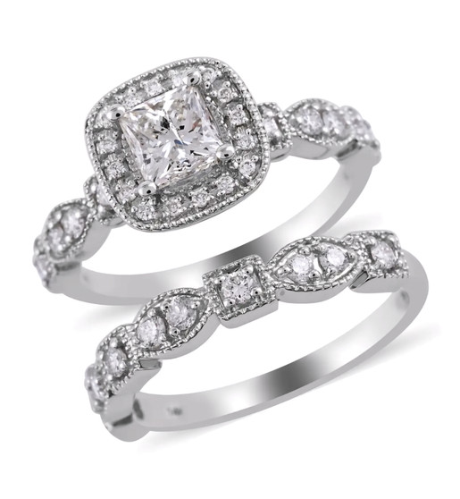 princess and round diamond halo bridal set in 14k white gold