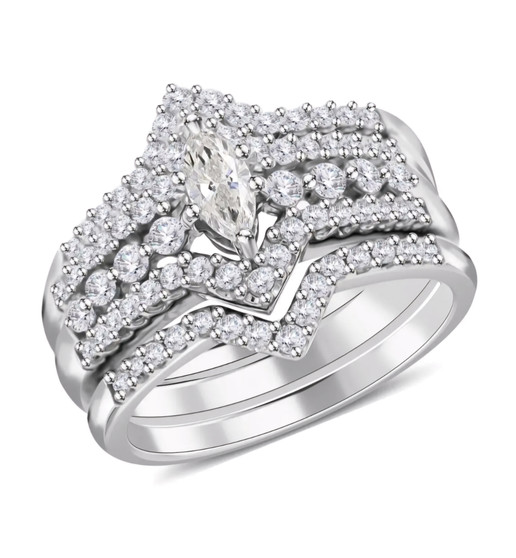 marquise and round diamond three ring bridal set in 14k white gold