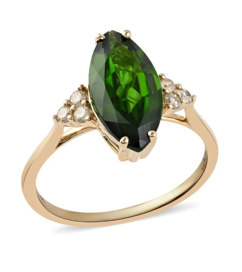 chrome diopside and diamond marquise ring in 14k yellow gold front