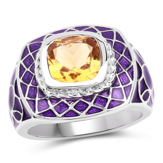 citrine purple enameled ring in rhodium over sterling silver