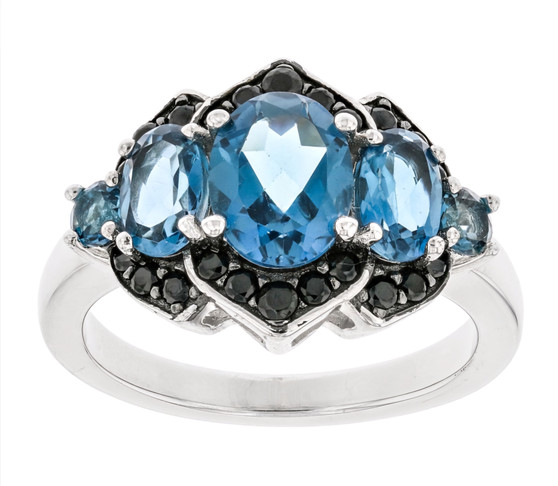 london blue topaz and black spinel ring in black and white rhodium over sterling silver