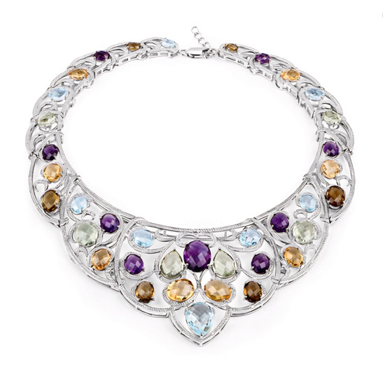multi gemstone openwork bib necklace in rhodium over sterling silver