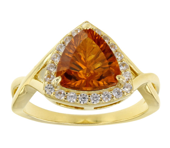 madeira citrine trillion and white zircon halo ring in 18k yellow gold over sterling silver