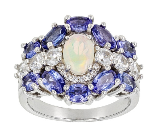 ethiopian opal tanzanite and white zircon cluster halo ring in rhodium over sterling silver