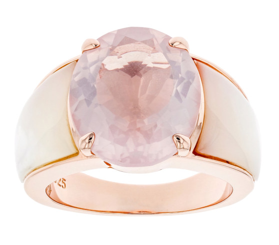 oval rose quartz and mother of pearl ring in 18k rose gold over sterling silver