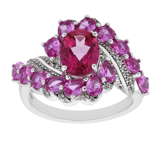pink topaz and lab sapphire bypass ring in rhodium over sterling silver