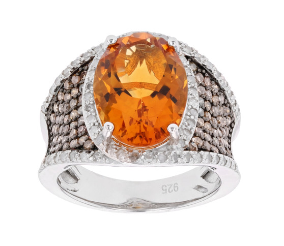 front view of citrine champagne and white diamond ring in black and white rhodium over sterling silver