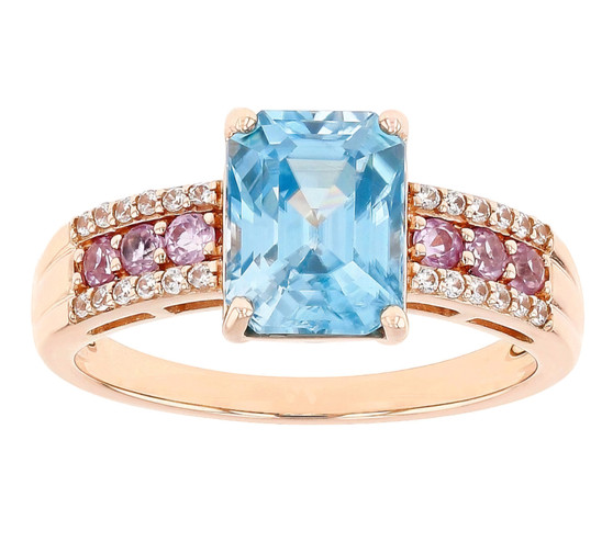 blue zircon pink sapphire and white zircon ring in 10k rose gold