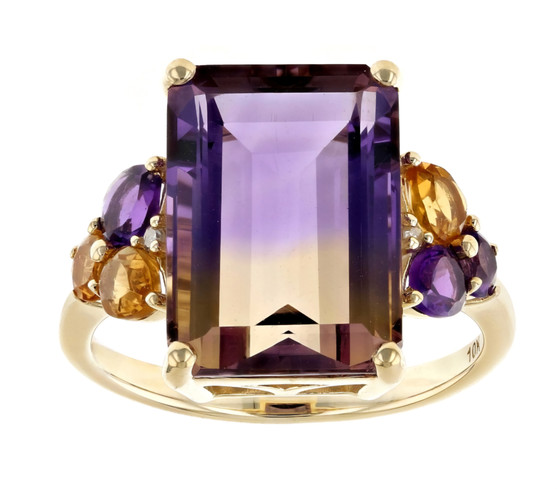 front view of ametrine citrine amethyst and diamond ring in 10k yellow gold