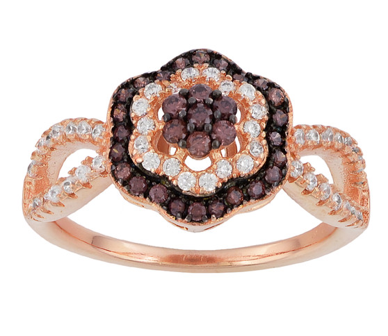 brown and white cubic zirconia flower cluster ring in black rhodium and 18k rose gold over sterling silver