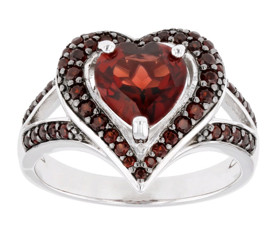 garnet heart halo split shank ring in rhodium over sterling silver