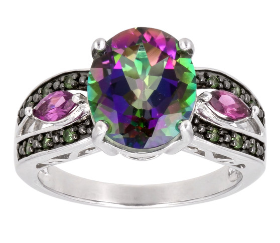 mystic topaz rhodolite garnet and tsavorite garnet ring in black and white rhodium over sterling silver