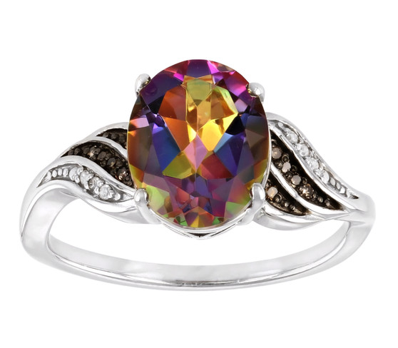 mystic quartz champagne and white diamond ring in rhodium over sterling silver front