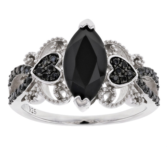 marquise black spinel heart ring in black and white rhodium over sterling silver