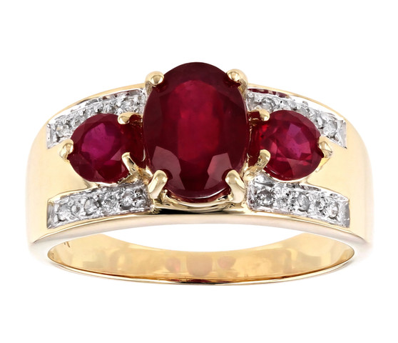 ruby (ff) three stone and diamond ring in 10k yellow gold