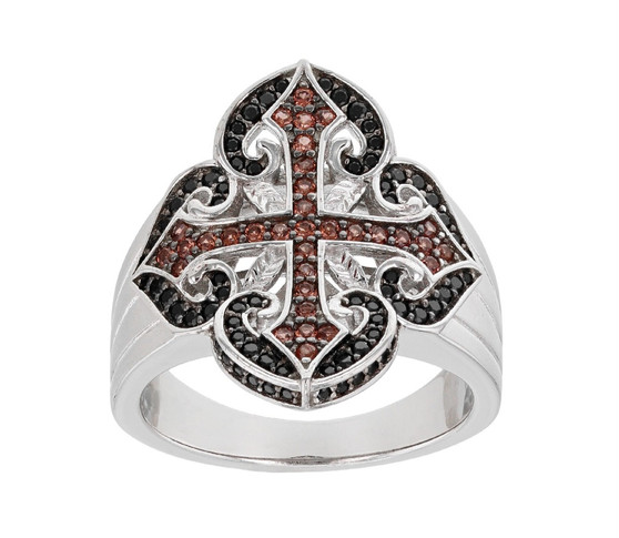 front view of garnet and black spinel cluster cross ring in black and white rhodium over sterling silver