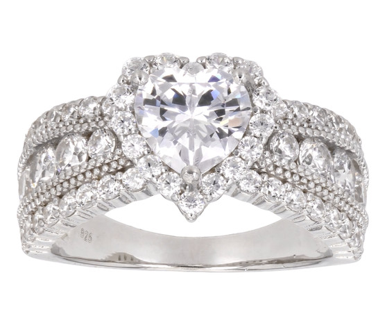 heart and round cubic zirconia engagement ring in rhodium over sterling silver