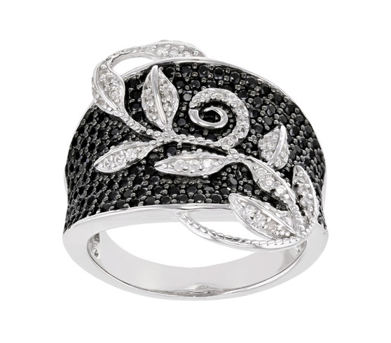 black spinel and zircon vine ring in black and white rhodium over sterling silver