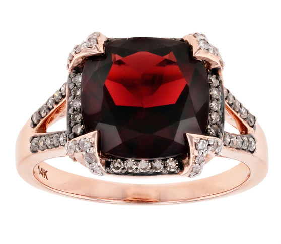 garnet champagne and white diamond halo ring in 14k rose gold