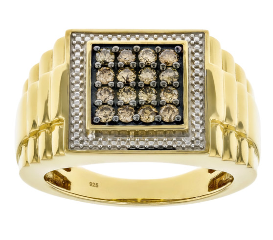 champagne diamond gents ring in 18k yellow gold over sterling silver