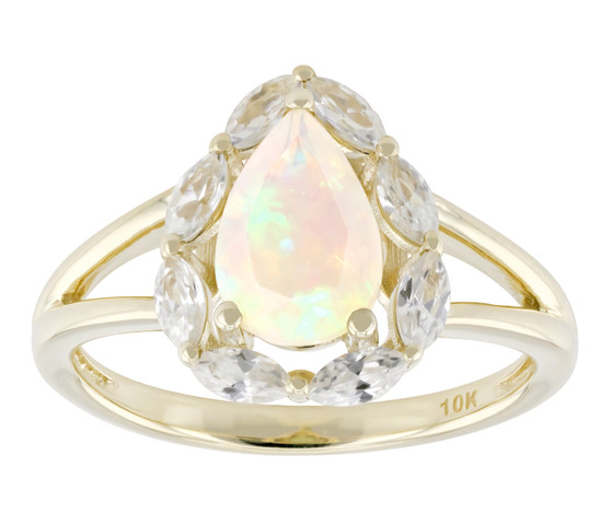 ethiopian opal and white zircon split shank halo ring in 10k yellow gold