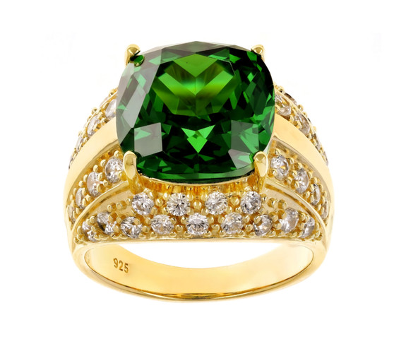 green and white cz cocktail ring in 18k yellow gold over sterling silver