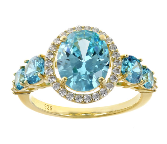 blue and white cubic zirconia ring in 18k yellow gold over sterling silver