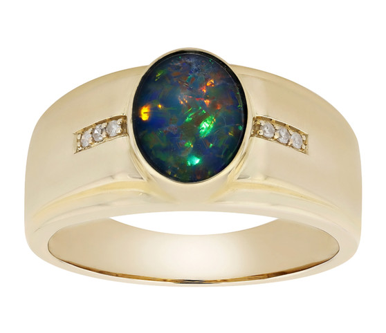 australian boulder opal triplet and diamond gents ring in 10k yellow gold