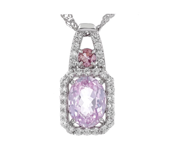 kunzite pink sapphire and zircon pendant necklace in rhodium over sterling silver